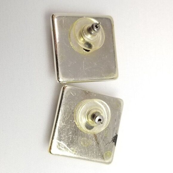 Vintage Orange and White Marbled Square Stud Earrings, Retro Design, Estate - Picture 4 of 7